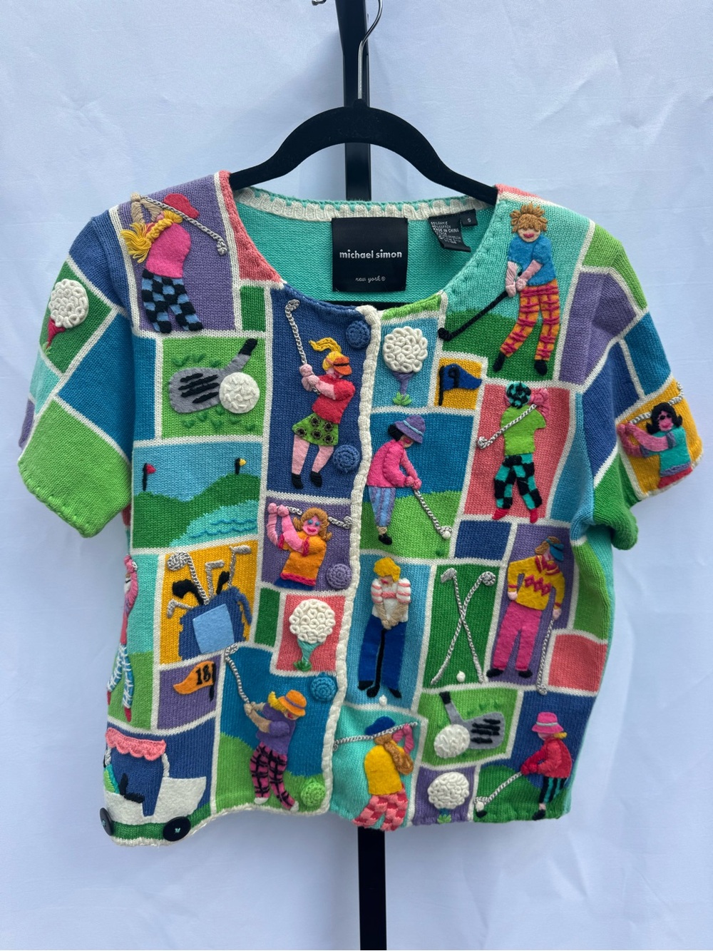 Vintage 1998 Michael Simon New York Golf Novelty Sweater Cardigan Sz S ⛳️🏌️‍♀️